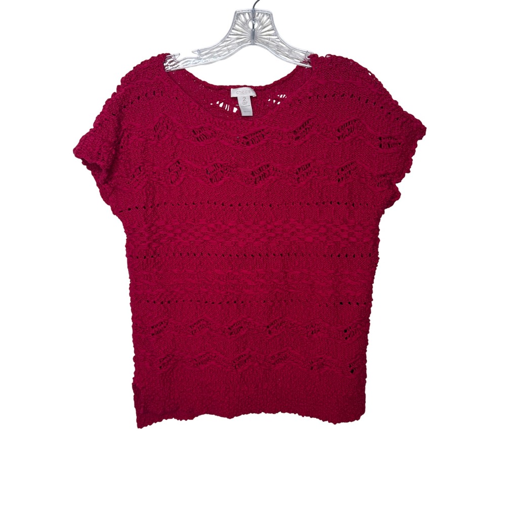 Chicos‎ Pink Cotton Pointelle Cable Knit Short Sleeve Sweater Top Size 2 Large